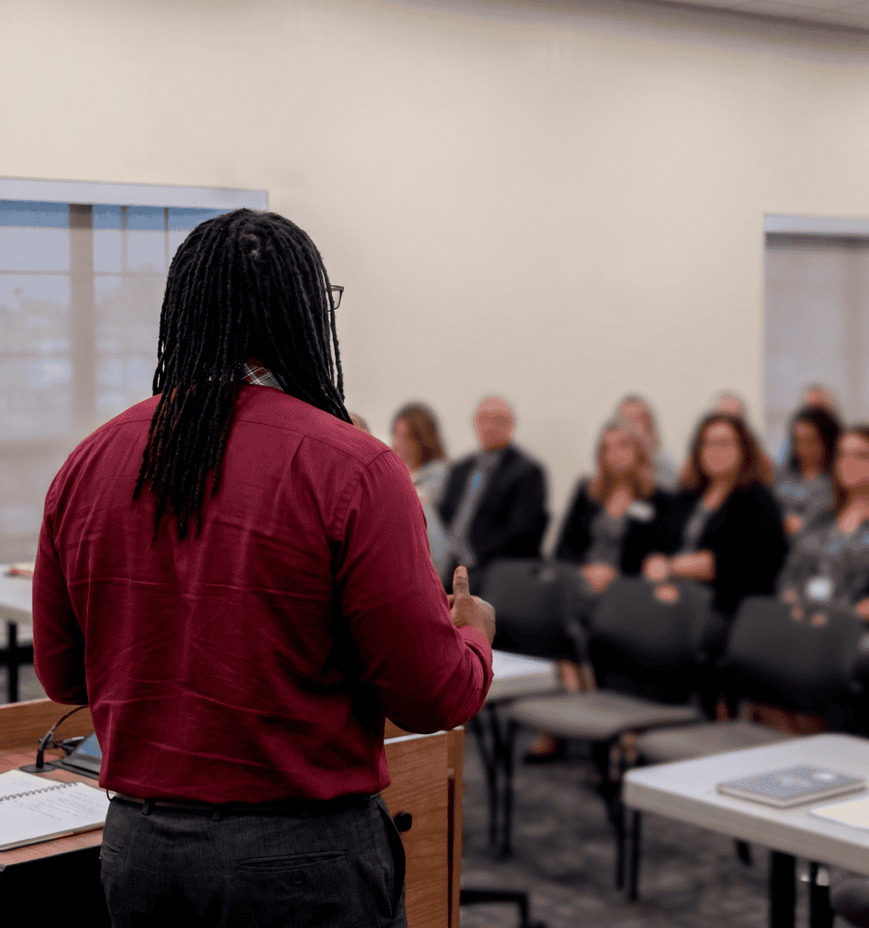 conference speaker engaging audience on innovative solutions conversation